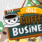 Ilustrácia so šálkou kávy a nápisom IDLE COFFEE BUSINESS na tabuli v kaviarenskom prostredí