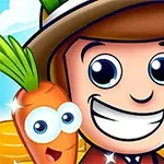 Usmievajúci sa kreslený farmár s klobúkom drží vidly vedľa mrkvy s očami a v pozadí sú zlaté mince