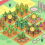 Ilustrácia farmy s malým poľom, rôznorodou zeleninou, ikonami mincí a animovaným farmárom s vidlami