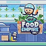 Kreslená postavička so zeleninou v ruke stojí pred skleníkom a na vozíku, obklopená logom Idle Food Empire Inc