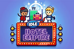 Dve kreslené postavičky, poslíček a chyžná, stoja pri veľkom ceduľovom nápise Idle Hotel Empire s kuframi v pozadí