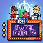 Dve kreslené postavičky, poslíček a chyžná, stoja pri veľkom ceduľovom nápise Idle Hotel Empire s kuframi v pozadí
