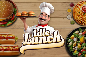 Usmievavý kuchár držiaci tanier s mini hamburgermi obklopený obrázkami jedál ako burger, hot dogy, pizza, hranolky a šalát, s nápisom Idle Lunch