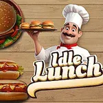 Usmievavý kuchár držiaci tanier s mini hamburgermi obklopený obrázkami jedál ako burger, hot dogy, pizza, hranolky a šalát, s nápisom Idle Lunch