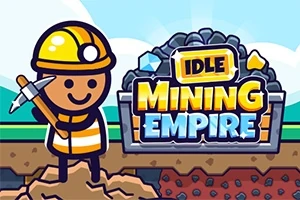Kreslený baník s čakaním stojí pred logom s nápisom Idle Mining Empire na pozadí kameňov a modrej oblohy