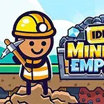 Kreslený baník s čakaním stojí pred logom s nápisom Idle Mining Empire na pozadí kameňov a modrej oblohy