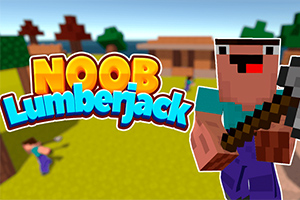 Kockovaná postava drží sekeru na žltom pozadí s nápisom Noob Lumberjack