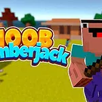 Kockovaná postava drží sekeru na žltom pozadí s nápisom Noob Lumberjack