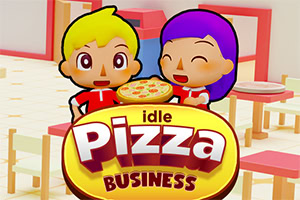 Dve usmievavé kreslené postavičky držia pizzu nad veľkým logom „idle Pizza Business v interiéri pizzerie so stolmi a stoličkami