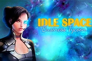 Postava ženy s futuristickým okom a slúchadlom na pozadí vesmírnej maľby s nápisom Idle Space Business Tycoon