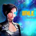 Postava ženy s futuristickým okom a slúchadlom na pozadí vesmírnej maľby s nápisom Idle Space Business Tycoon