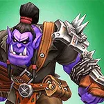 Fialový fantasy troll s bojovým výrazom, vyzbrojený mečom, má čierne vlasy zviazané do copu a oblečené brnenie so špicatými kovovými detailmi