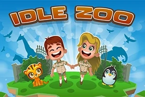 Dvaja veselí postavičky v safari oblečení stoja medzi oranžovým tigrom a tučniakom pred vstupnou bránou zoologickej záhrady, v pozadí siluety zvierat