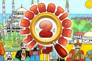 Farebná ilustrácia s veľkým nápisom „Istanbul, lupou s číslom 2 a postavami pred mešitami a mestskou scenériou