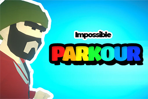 Postava s bradou a zelenou čiapkou na modrom pozadí s farebným nápisom Impossible Parkour