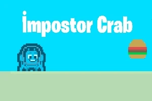 Modrá pixelová postavička kraba vedľa farebného hamburgera na svetlom pozadí s nápisom impostor Crab
