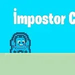 Modrá pixelová postavička kraba vedľa farebného hamburgera na svetlom pozadí s nápisom impostor Crab