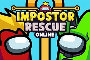 Dve kreslené postavy s výraznými očami, jedna červená a druhá zelená, s nápisom Impostor Rescue Online na farebnom pozadí