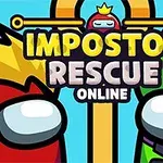 Dve kreslené postavy s výraznými očami, jedna červená a druhá zelená, s nápisom Impostor Rescue Online na farebnom pozadí