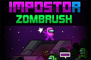 Postava v ružovom skafandri stojí na kopci obklopená zelenými zombíkmi s nápisom „IMPOSTOR ZOMBRUSH“ v hornej časti