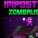Postava v ružovom skafandri stojí na kopci obklopená zelenými zombíkmi s nápisom „IMPOSTOR ZOMBRUSH“ v hornej časti