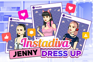Tri ilustrované postavy dievčat s rôznymi účesmi a oblečením, obklopené symbolmi ako srdcia a bubliny, na pozadí s nápisom Instadiva Jenny Dress Up