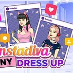Tri ilustrované postavy dievčat s rôznymi účesmi a oblečením, obklopené symbolmi ako srdcia a bubliny, na pozadí s nápisom Instadiva Jenny Dress Up