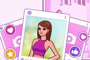 Ilustrácia dievčaťa v fialovom tope na profile sociálnych médií s ikonami srdiečka a palca hore v pozadí