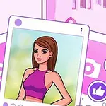 Ilustrácia dievčaťa v fialovom tope na profile sociálnych médií s ikonami srdiečka a palca hore v pozadí