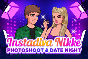 Dve kreslené postavy pri svetlách na fialovej pozadí s textom Instadiva Nikke Photoshoot & Date Night