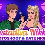 Dve kreslené postavy pri svetlách na fialovej pozadí s textom Instadiva Nikke Photoshoot & Date Night