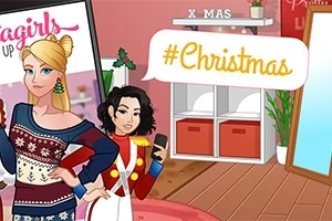Dvaja kreslení postavy v zimnom oblečení s nápisom #Christmas na pozadí interiéru so zrkadlom a vianočnými dekoráciami