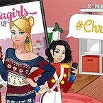 Dvaja kreslení postavy v zimnom oblečení s nápisom #Christmas na pozadí interiéru so zrkadlom a vianočnými dekoráciami