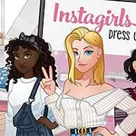 Tri kreslené dievčatá pózujúce v modernom oblečení vo farebnej miestnosti s nápisom Instagirls Dress Up