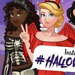 Tri kreslené postavy v halloweenskych kostýmoch s nápisom Instagirls #HALOWEEN