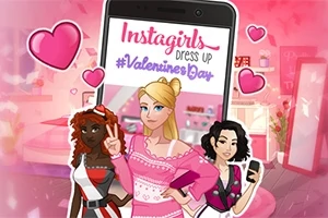 Tri postavy žien sú ilustrované pred pozadím mobilného telefónu s textom Instagirls Dress Up #ValentinesDay a s ružovými srdiečkami okolo