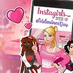 Tri postavy žien sú ilustrované pred pozadím mobilného telefónu s textom Instagirls Dress Up #ValentinesDay a s ružovými srdiečkami okolo