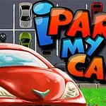 Červené auto v popredí s nápisom iPark My Car na parkovisku plnom áut