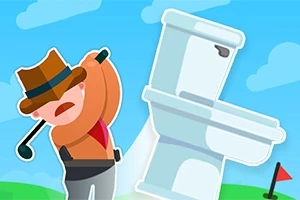 Kreslená postava s klobúkom hrá golf s veľkou toaletou na modrom pozadí s oblakmi