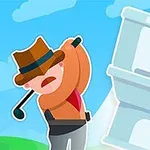Kreslená postava s klobúkom hrá golf s veľkou toaletou na modrom pozadí s oblakmi