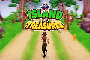 Pirátska postava beží po ceste na ostrove s džungľou v pozadí, nad ktorým je nápis Island of Treasures