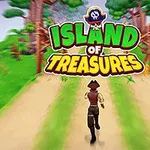 Pirátska postava beží po ceste na ostrove s džungľou v pozadí, nad ktorým je nápis Island of Treasures