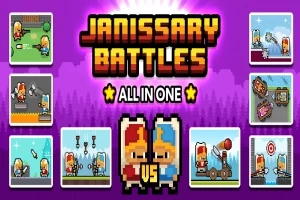 Dvojica pixelovaných kreslených postavičiek vykreslených v rôznych scénach okolo loga Janissary Battles