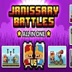 Dvojica pixelovaných kreslených postavičiek vykreslených v rôznych scénach okolo loga Janissary Battles
