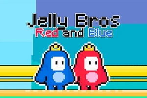 Dve postavičky v modrom a červenom kostýme s korunkami stoja na žltom pozadí, nad nimi je nápis Jelly Bros Red and Blue