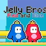 Dve postavičky v modrom a červenom kostýme s korunkami stoja na žltom pozadí, nad nimi je nápis Jelly Bros Red and Blue