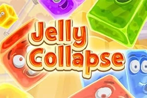 Farebné želé kocky s očami a nápisom Jelly Collapse v strede obrázka