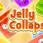 Farebné želé kocky s očami a nápisom Jelly Collapse v strede obrázka