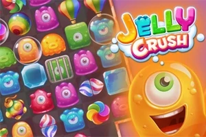 Farebné želé tvary s okom na oranžovom pozadí a názov Jelly Crush