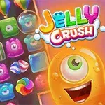 Farebné želé tvary s okom na oranžovom pozadí a názov Jelly Crush